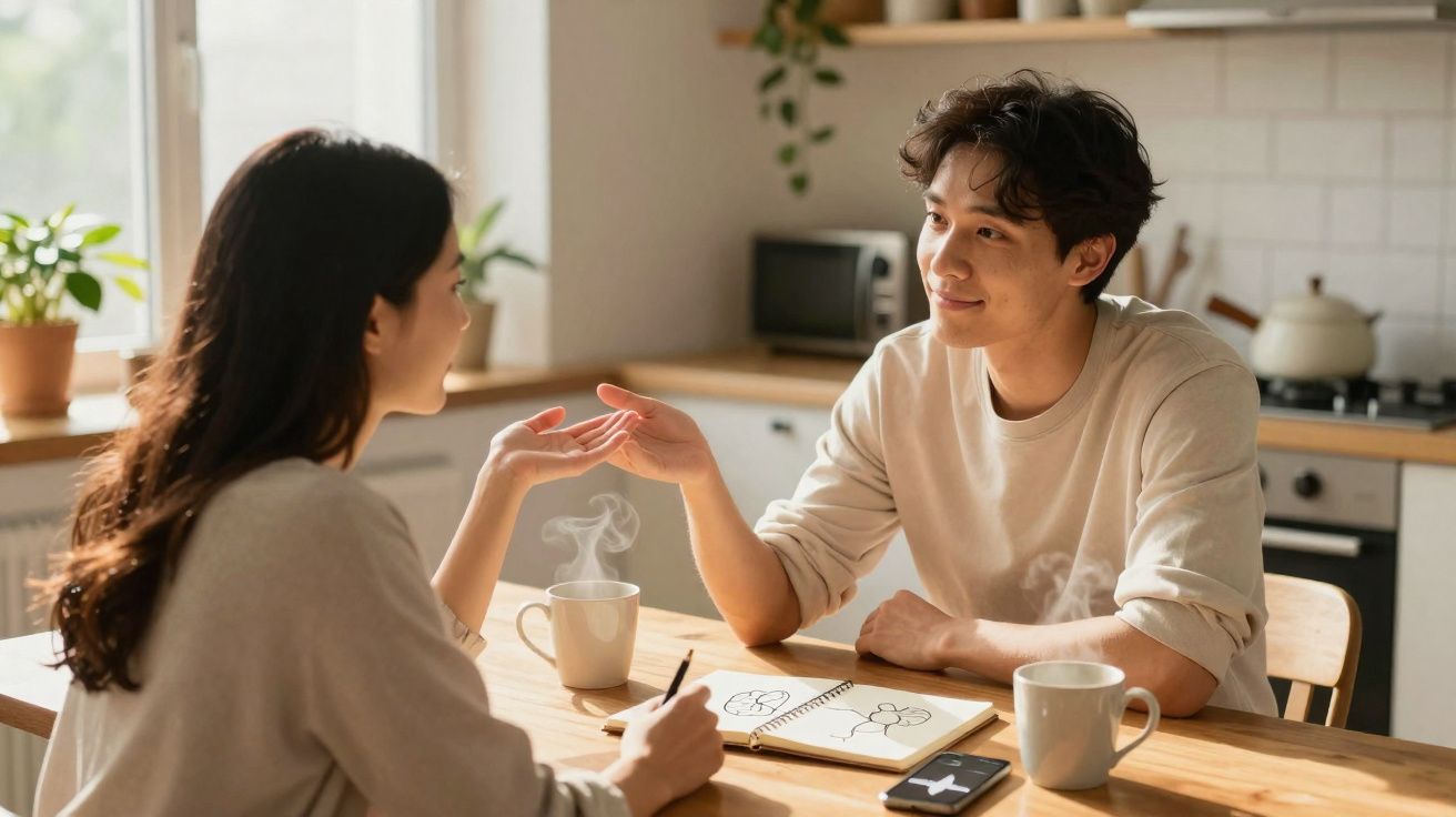 Casal jovem sentado à mesa na cozinha, a conversar e a desenhar num caderno aberto, com chá quente.