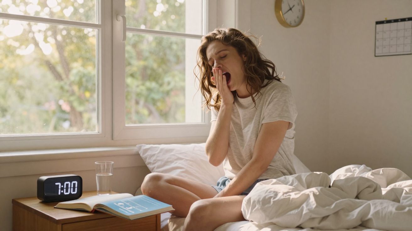 Mulher a bocejar sentada na cama ao amanhecer com despertador a mostrar 7 horas e janela iluminada.
