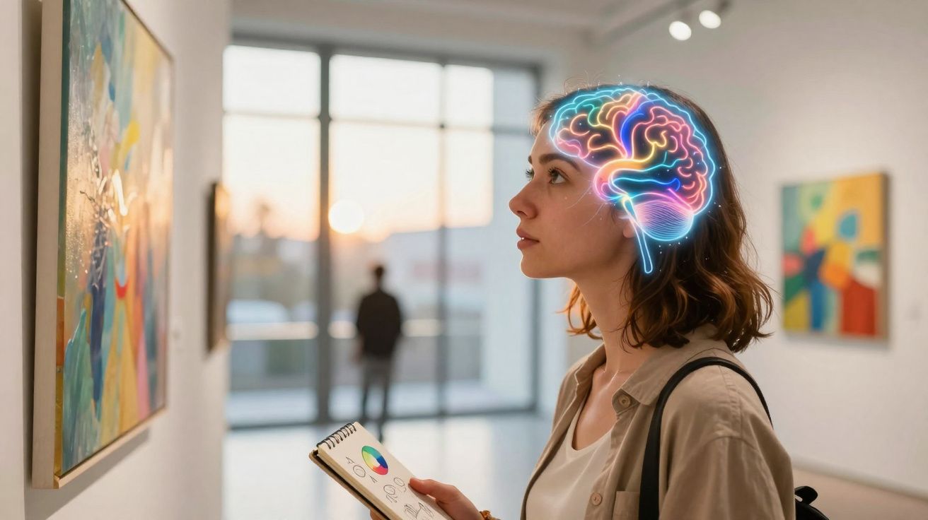 Mulher observa quadro numa galeria com cérebro digital iluminado sobre a cabeça.