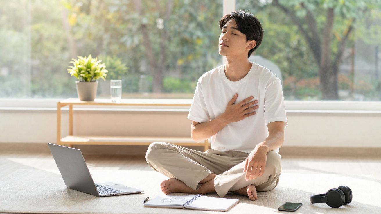 Homem jovem sentado no chão em posição de meditação com uma mão no peito, perto de computador portátil e caderno aberto.
