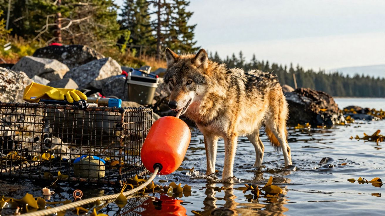 Lobo junto a armadilha de pesca e bóia laranja numa zona costeira com vegetação e pedras.