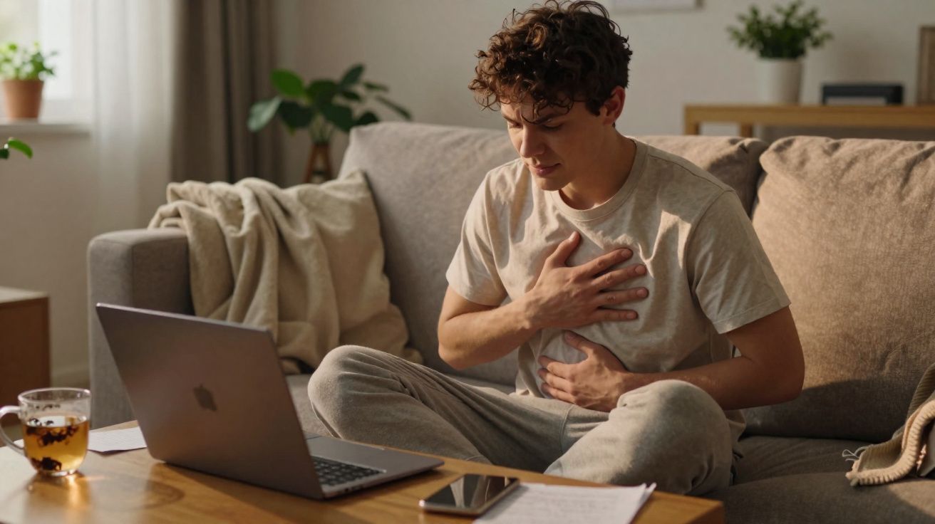 Jovem sentado no sofá com expressão de dor, segurando o peito e a barriga junto a um computador portátil.