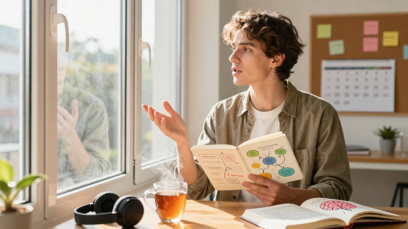 Jovem sentado à mesa com livro aberto, segurando outro e olhando pela janela enquanto gesticula.
