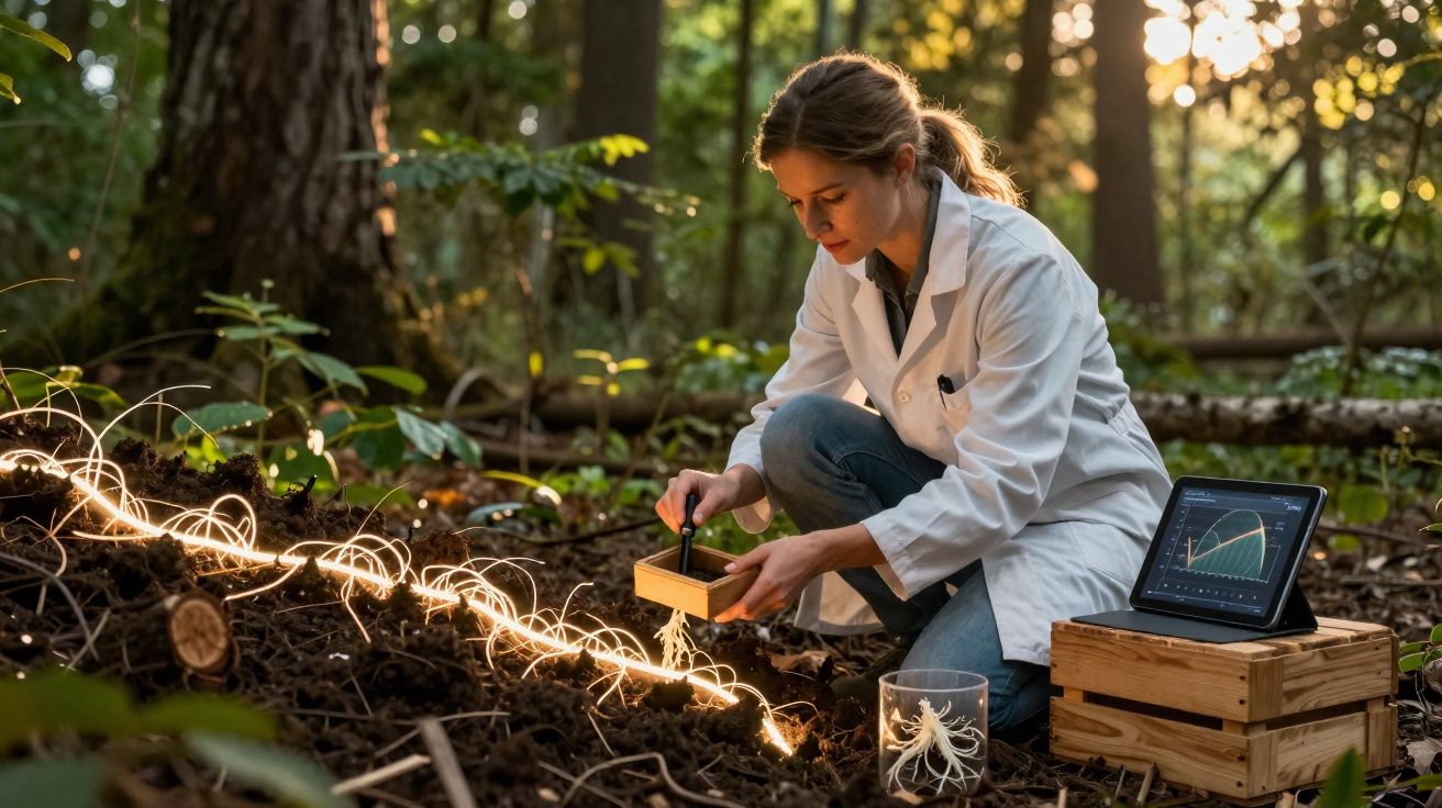 Mulher cientista com bata branca a estudar plantas na floresta com tablet e luzes no solo.