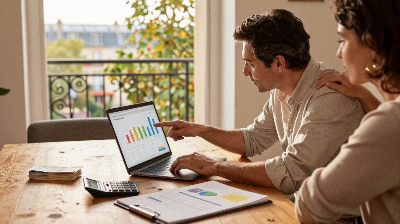 Casal a analisar gráficos financeiros num computador portátil numa sala iluminada com mesa de madeira.