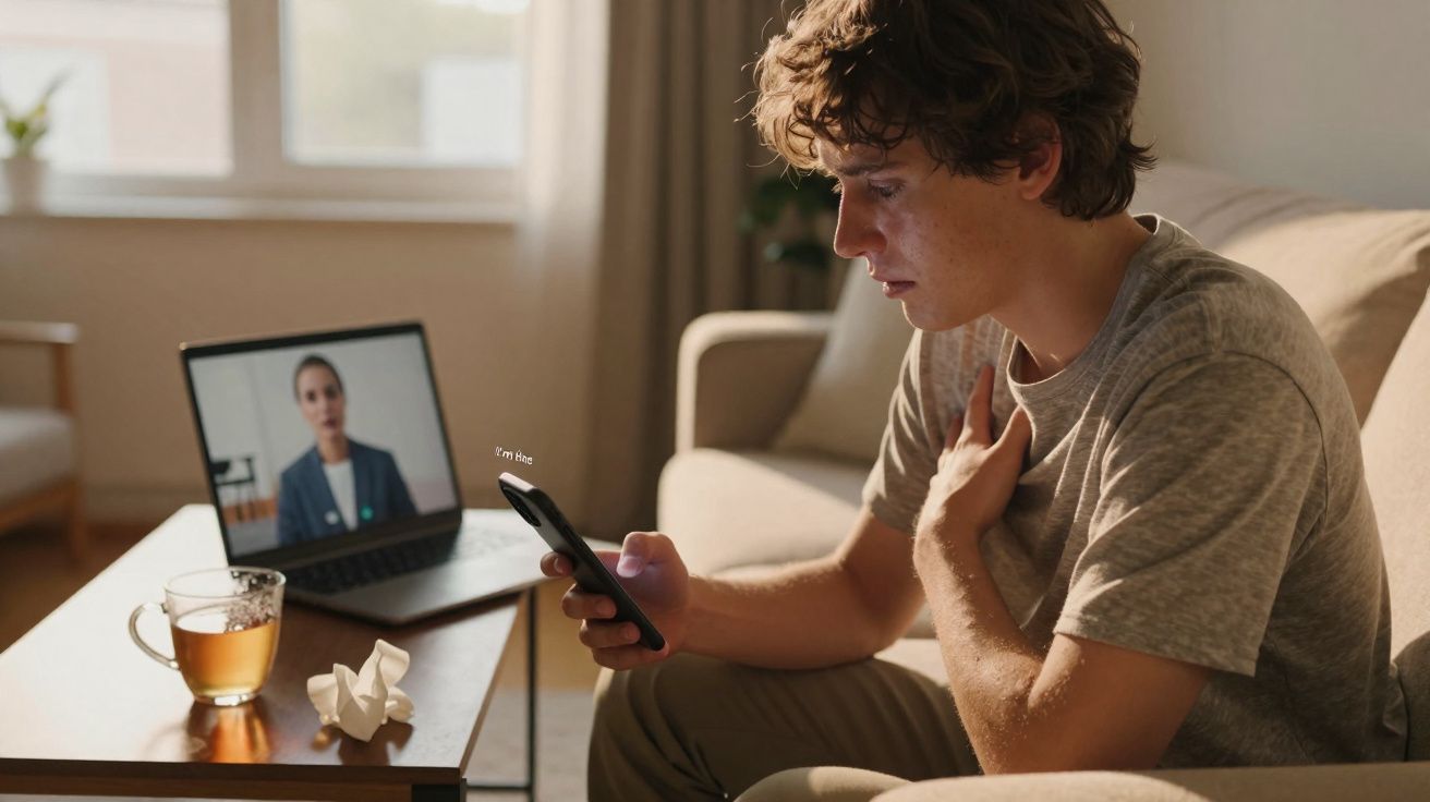 Jovem preocupado sentado no sofá, a olhar para o telemóvel, com videochamada aberta num portátil à sua frente.