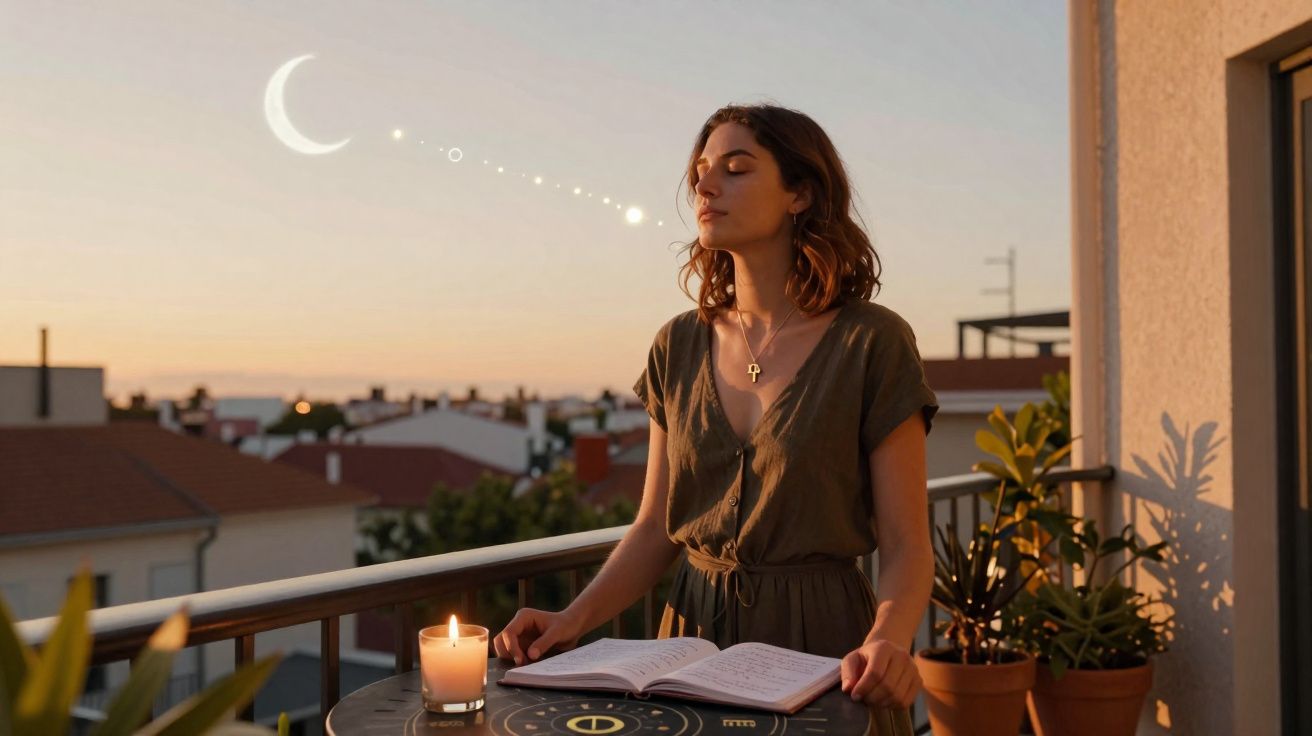 Mulher medita numa varanda ao pôr do sol com vela acesa, livro aberto e símbolos místicos à mesa.