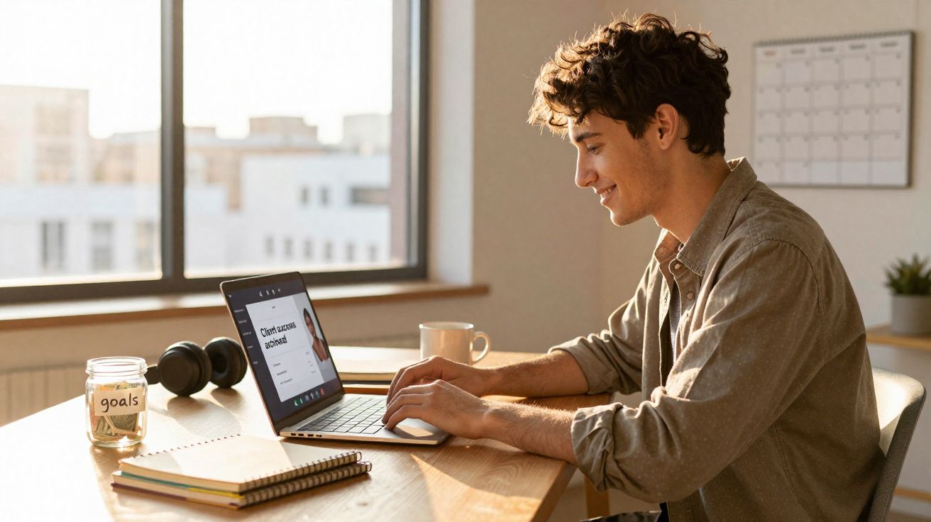 Homem jovem a trabalhar num portátil com garrafa de água, auscultadores e cadernos numa mesa iluminada pela luz natural.