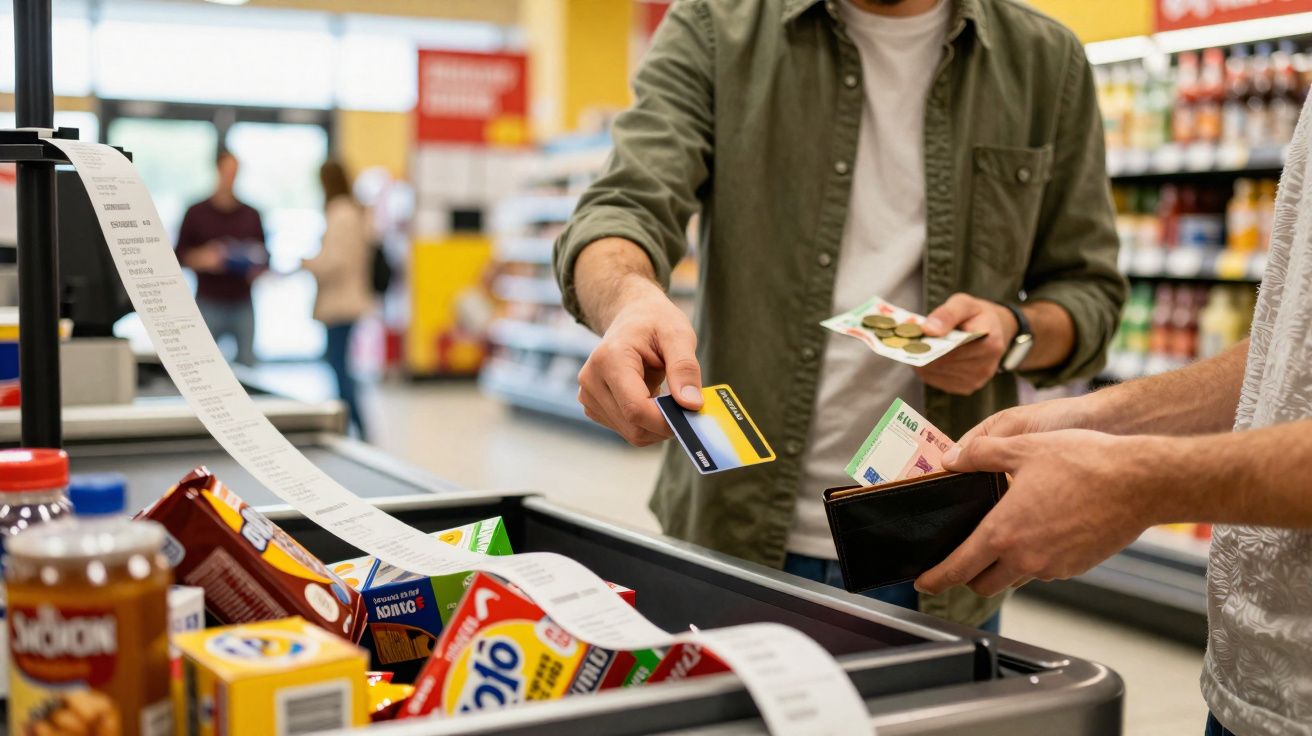 Cliente a pagar com cartão de crédito numa caixa de supermercado cheia de produtos embalados.