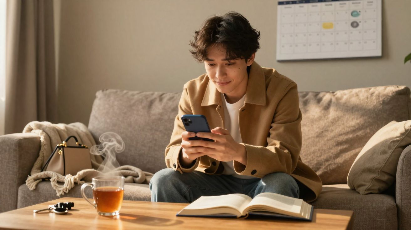 Jovem sentado no sofá a usar telemóvel com livro aberto e chá quente numa mesa à frente.