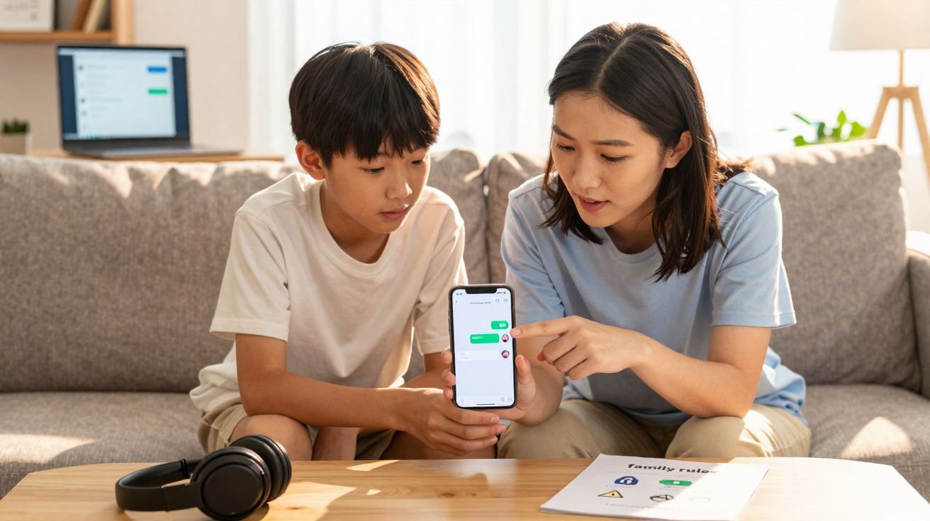 Mulher e menino sentados no sofá, mostrando mensagens no telemóvel numa sala iluminada.