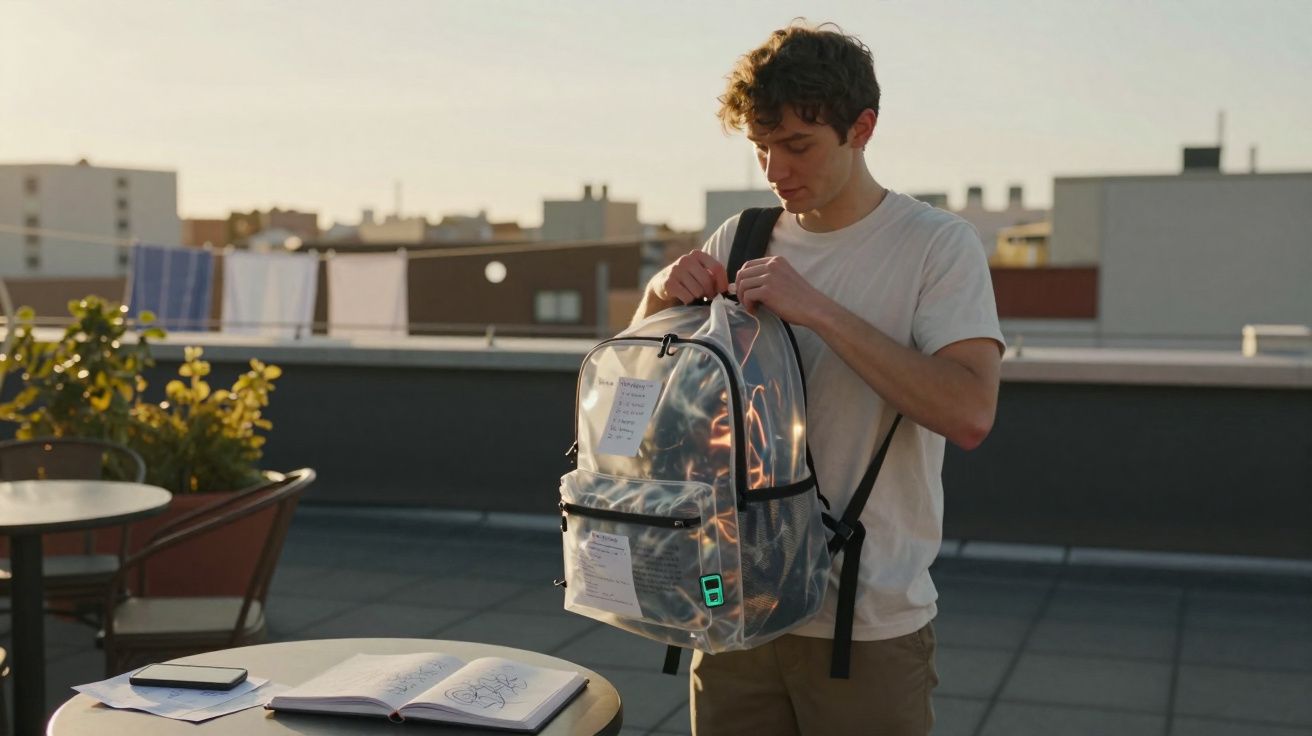 Homem jovem com mochila transparente a abrir no terraço ao pôr do sol, com mesa e caderno à frente.