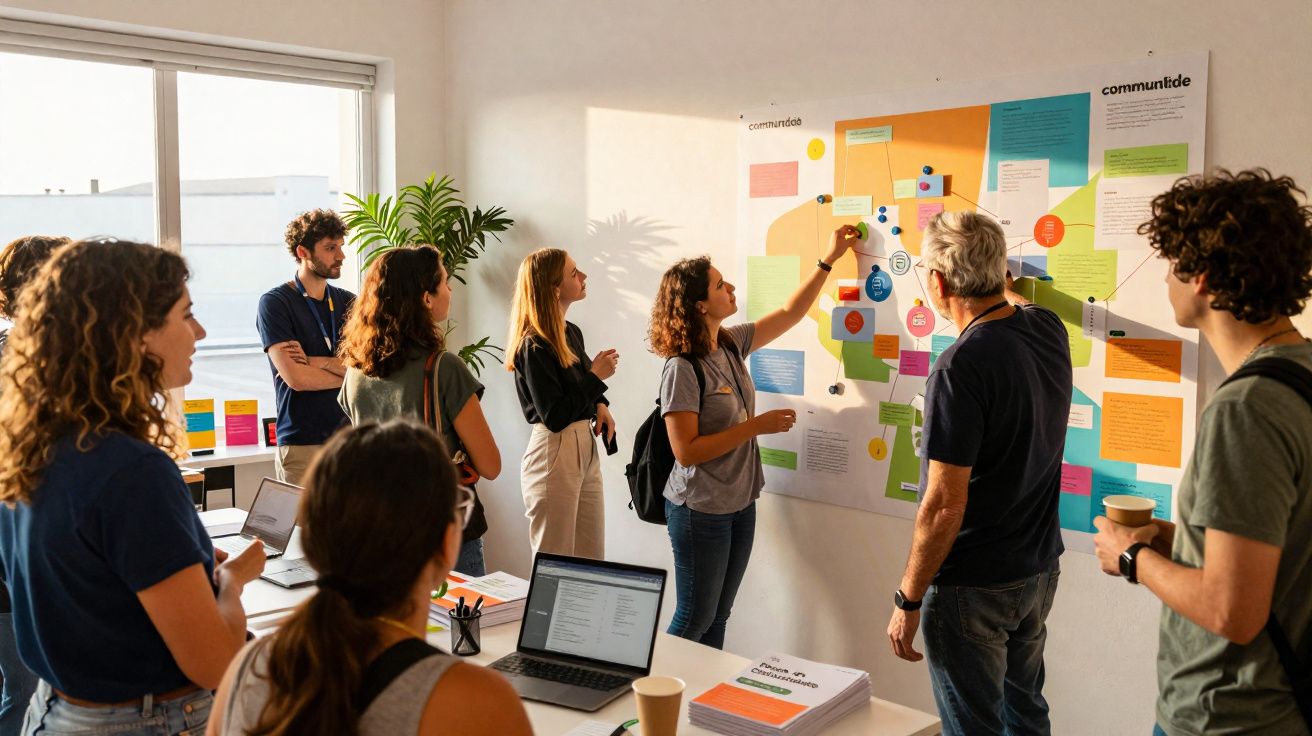 Grupo de pessoas reunidas em escritório a discutir e apontar para um mural colorido com notas e diagramas.