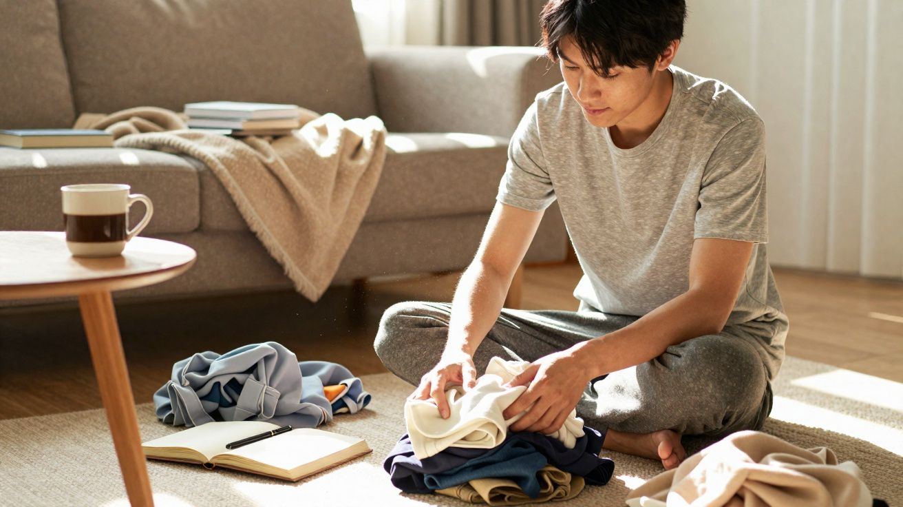 Homem sentado no chão a dobrar roupa numa sala bem iluminada, ao lado de um sofá e uma mesa com chávena.