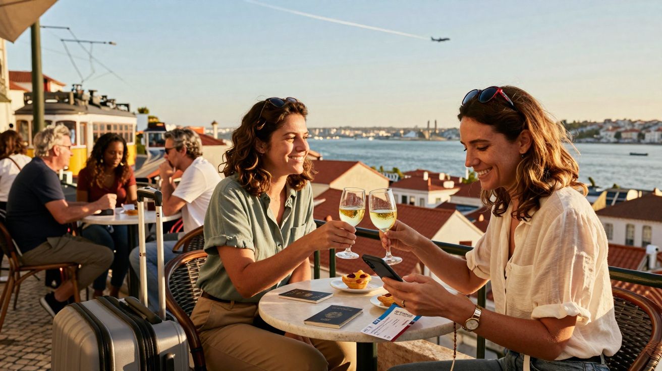 Duas mulheres brindam com copos de vinho ao ar livre, com malas e vista para o rio ao pôr do sol.