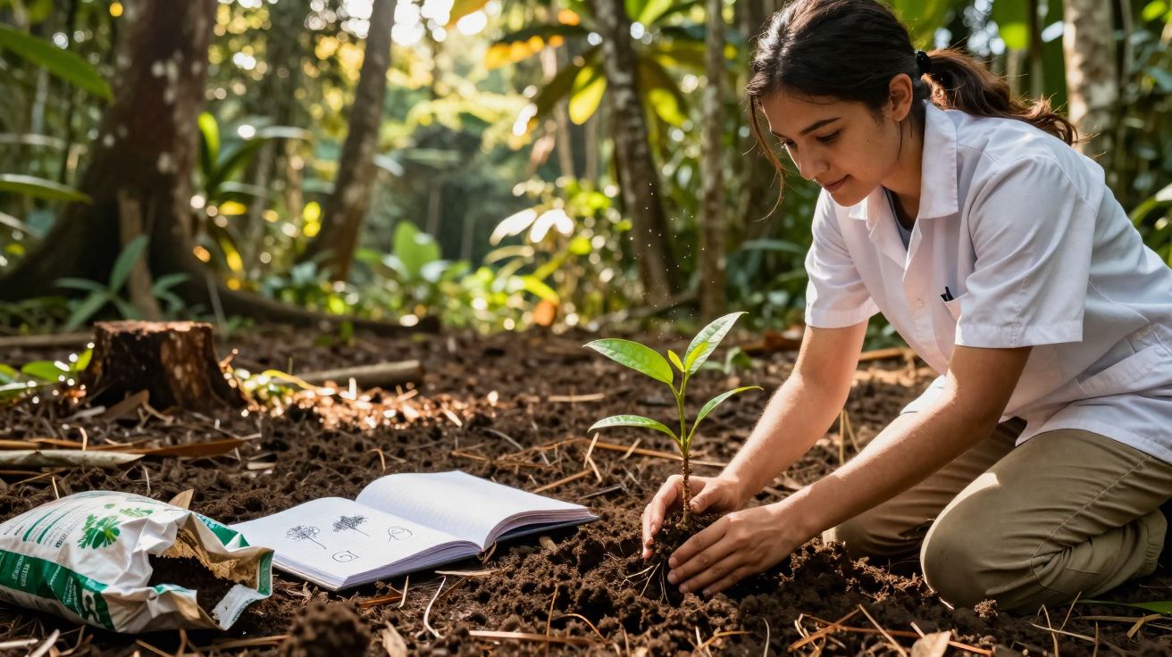 Mulher a plantar uma muda numa floresta com livro e saco de fertilizante no chão.
