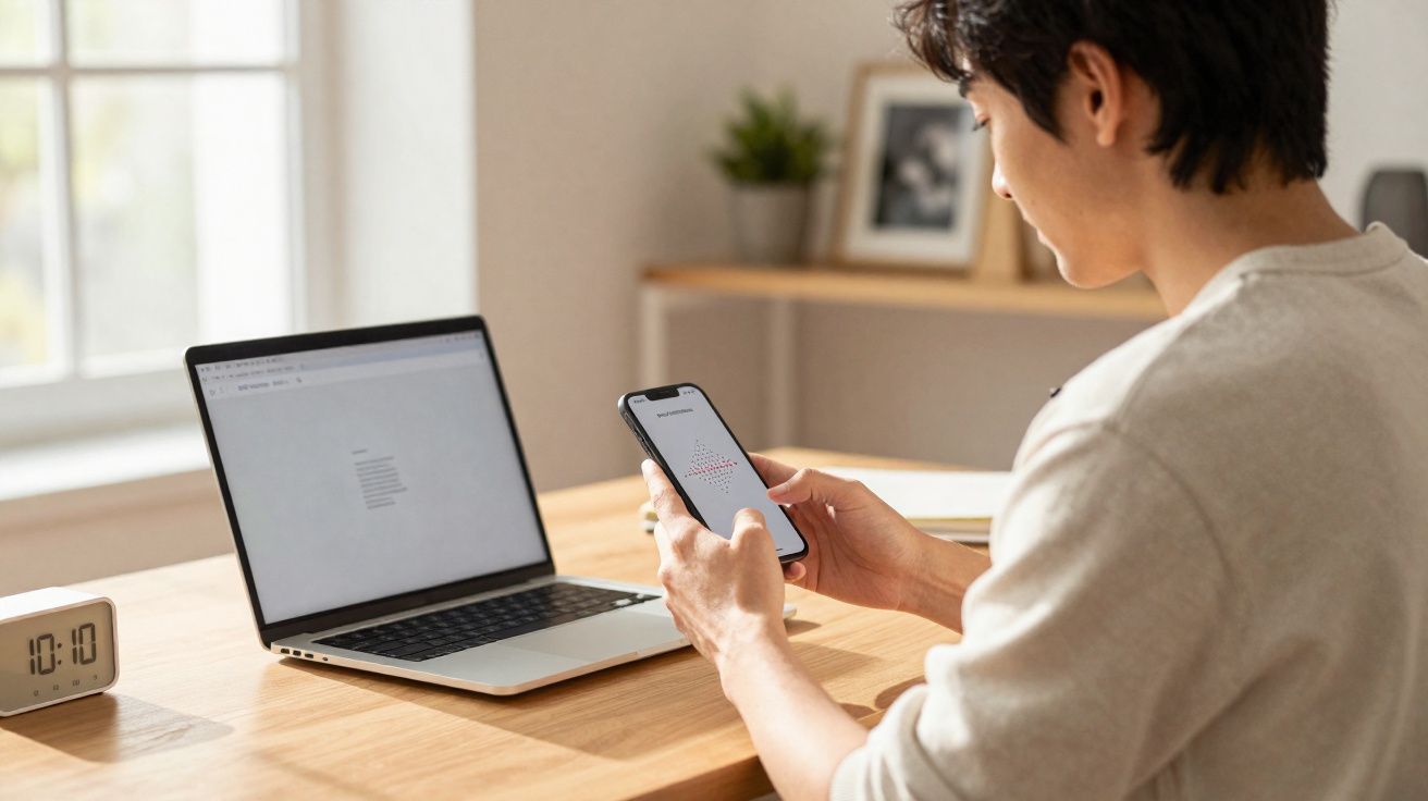 Pessoa a usar smartphone sentado à secretária com computador portátil e relógio digital às 10:10.