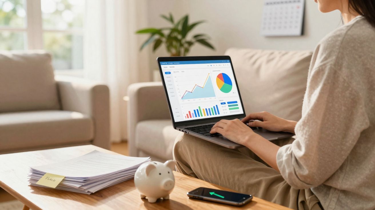 Pessoa a analisar gráficos financeiros num computador portátil sentada numa sala com objetos de trabalho numa mesa.