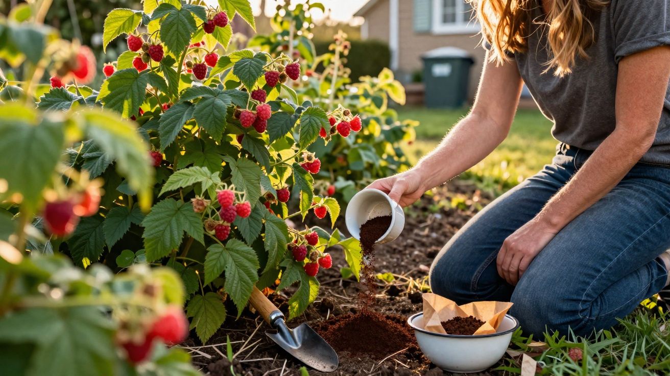 Pessoa a usar borra de café para adubar planta de framboesa num jardim ensolarado.