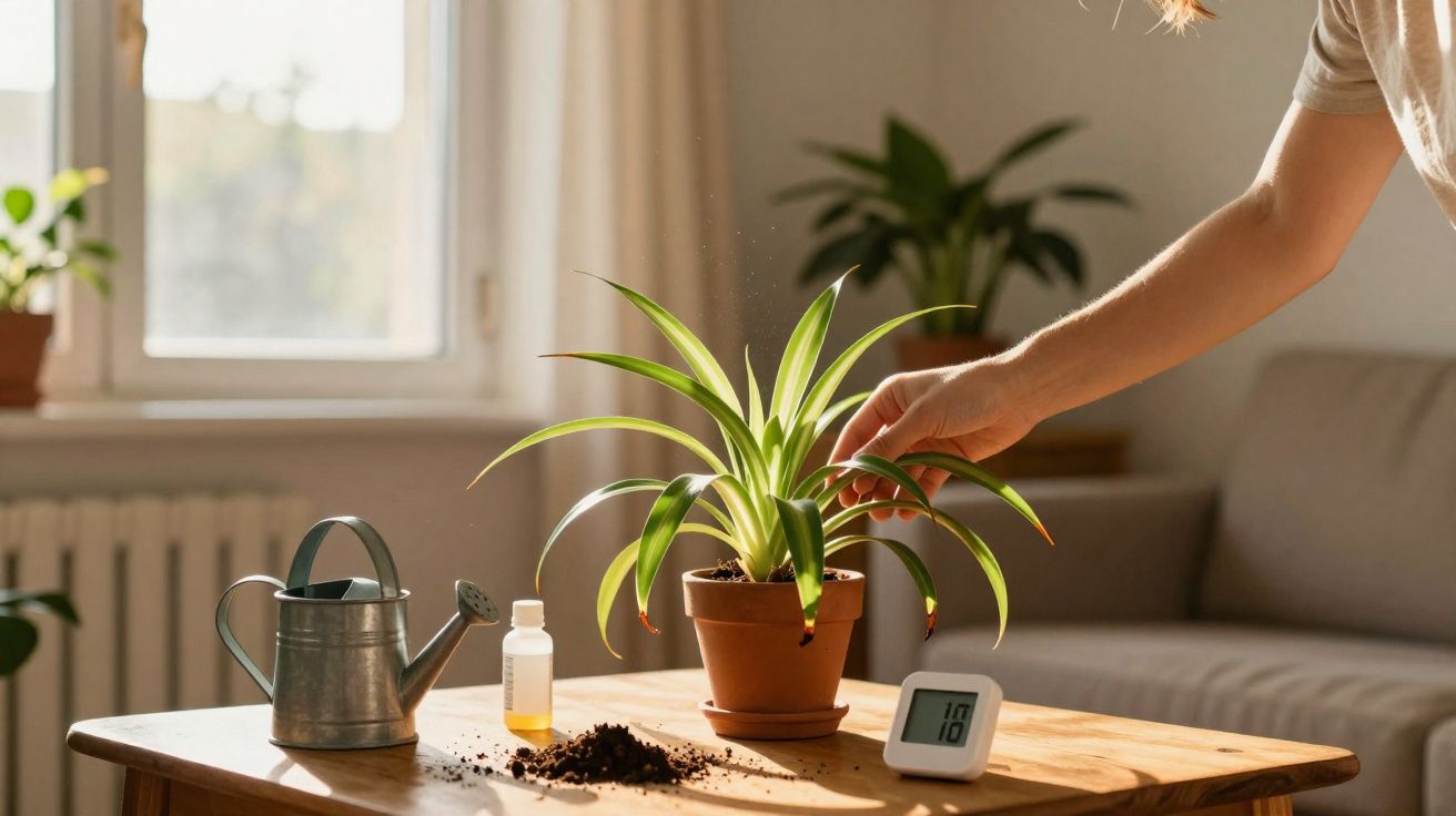Mão a cuidar de planta em vaso numa mesa com regador, terra e medidor digital numa sala iluminada.