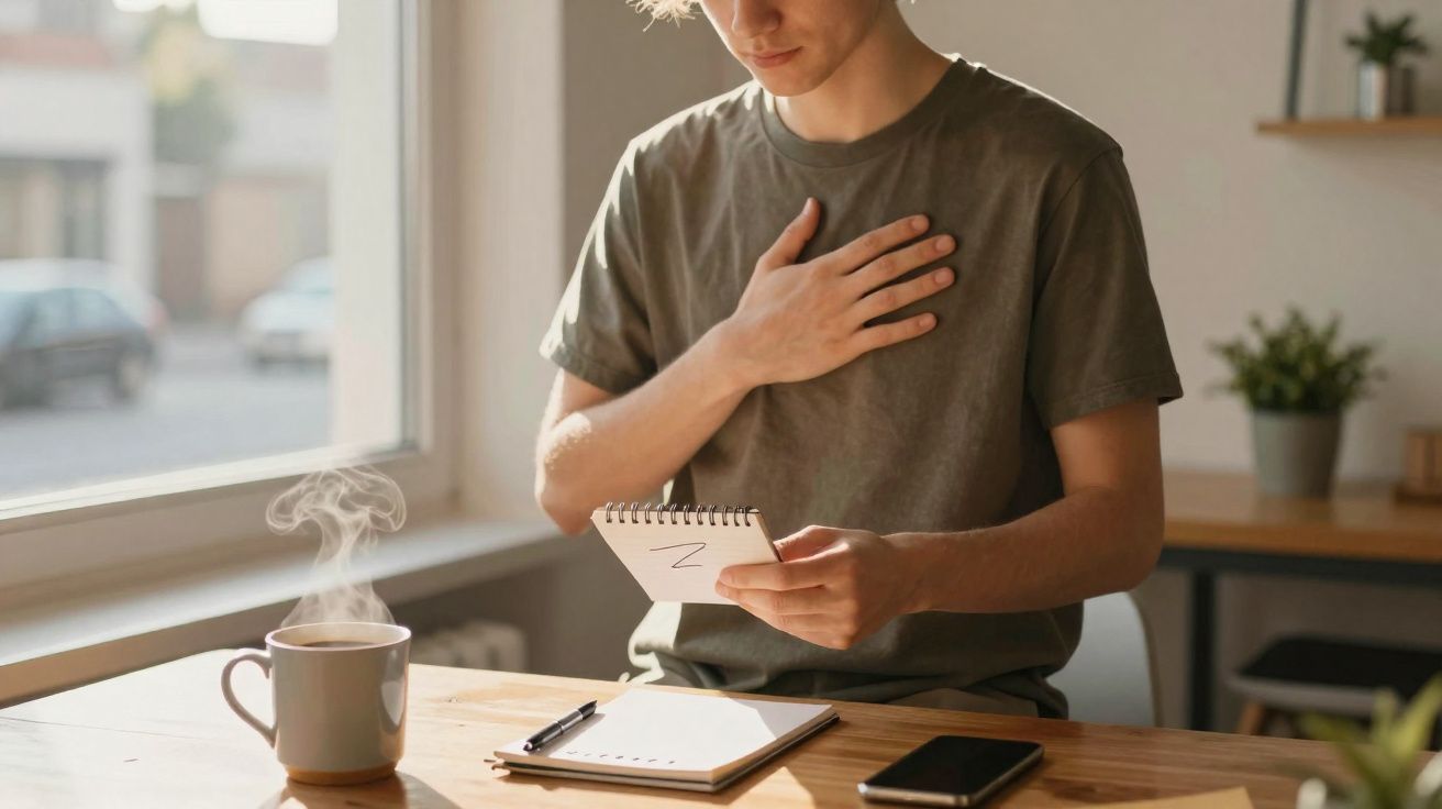 Jovem sentado à mesa, com mão no peito, lendo bloco de notas com chá quente ao lado.