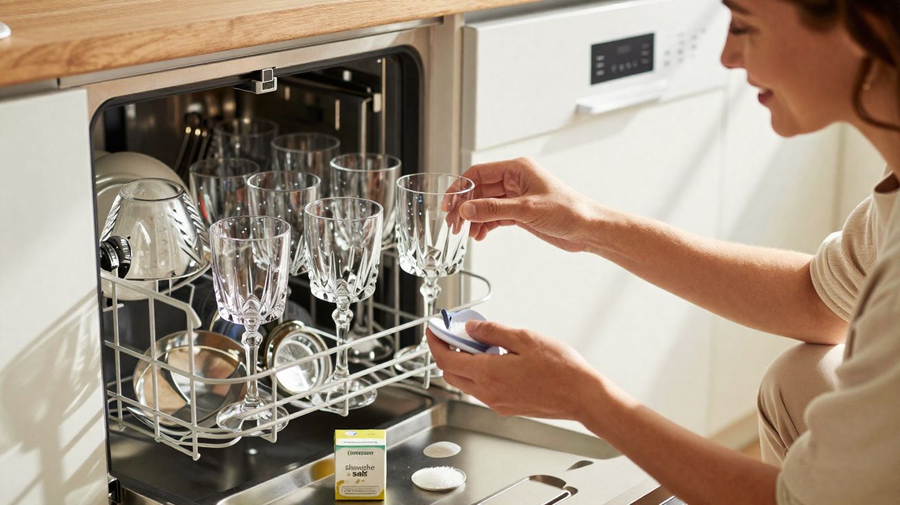 Mulher a colocar pastilha de detergente na máquina de lavar loiça com copos de cristal.