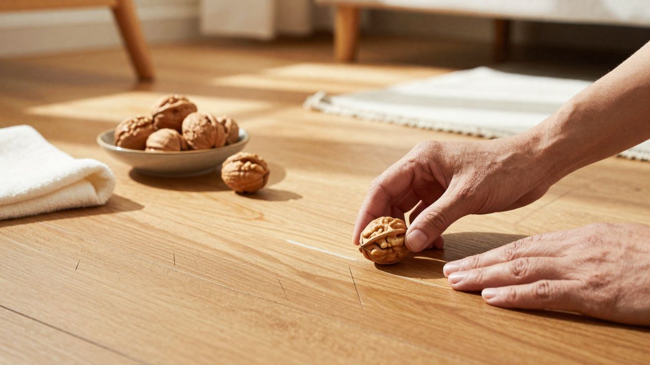 Mãos a medir uma noz sobre pavimento de madeira, com prato de nozes e toalha ao fundo.