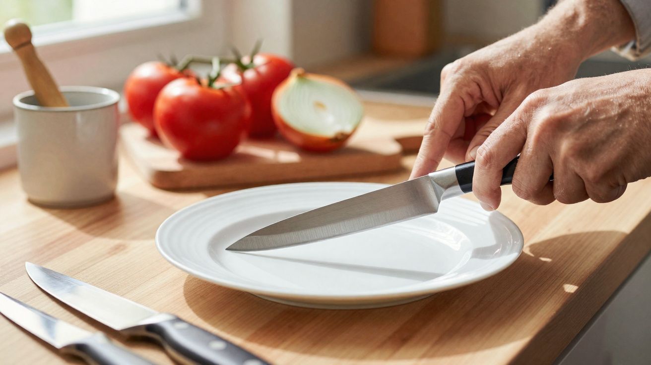 Pessoa a preparar-se para cortar alimentos numa cozinha com tomates e cebola em fundo desfocado.