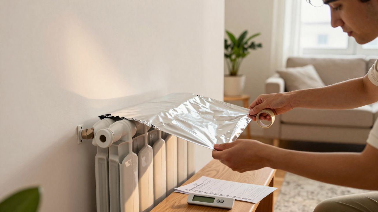 Pessoa a colocar papel de alumínio por trás de um radiador para melhorar a eficiência térmica numa sala.