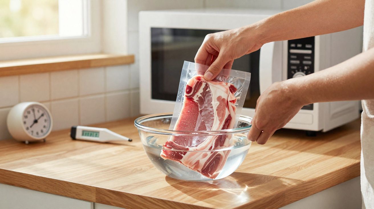 Mãos a descongelar carne embalada em saco plástico dentro de taça com água numa cozinha.