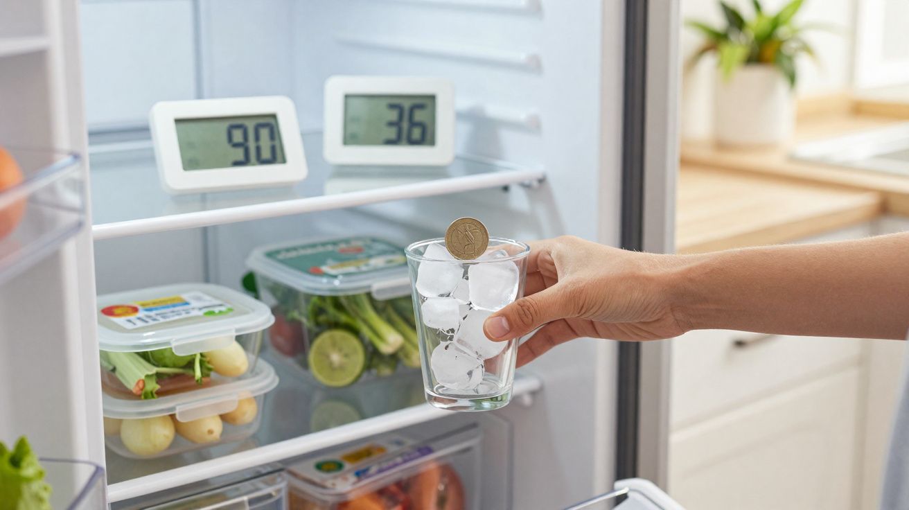 Mão segurando copo com cubos de gelo e moeda à frente de frigorífico aberto com legumes e termómetros.