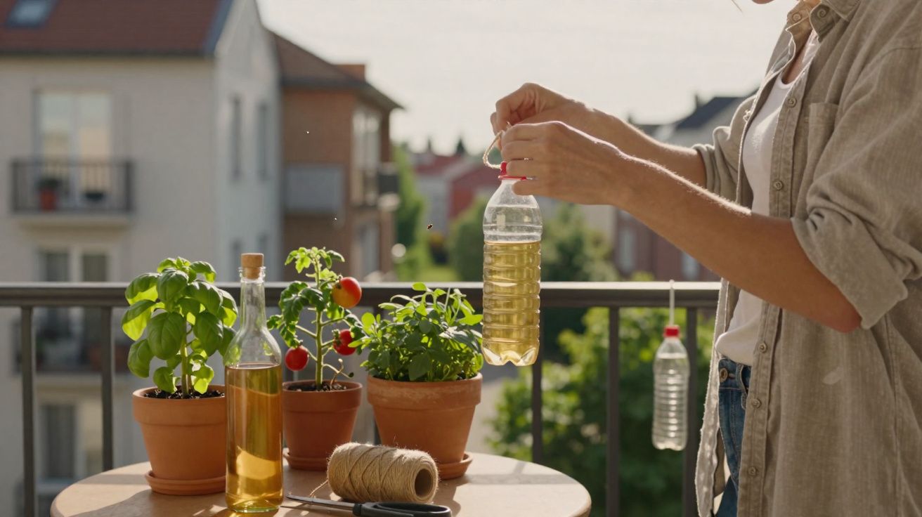 Pessoa a cuidar de plantas em vasos num terraço, segurando uma garrafa de plástico com líquido amarelo.