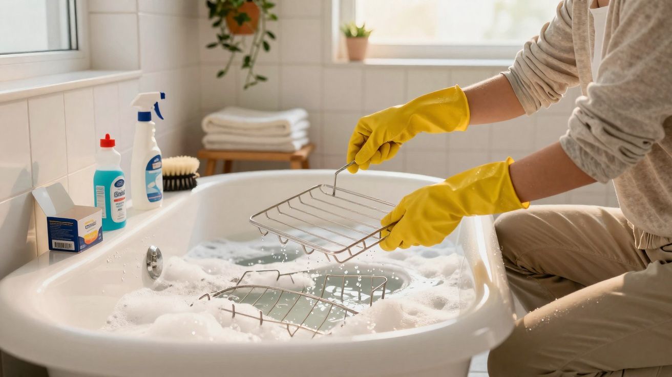 Pessoa a lavar grelhas metálicas numa banheira com espuma, usando luvas amarelas de borracha.