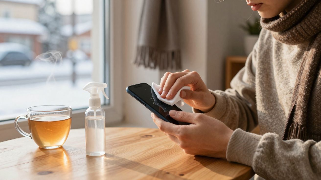 Pessoa a limpar e desinfetar ecrã de telemóvel, com chá quente e frasco de spray numa mesa junto à janela.
