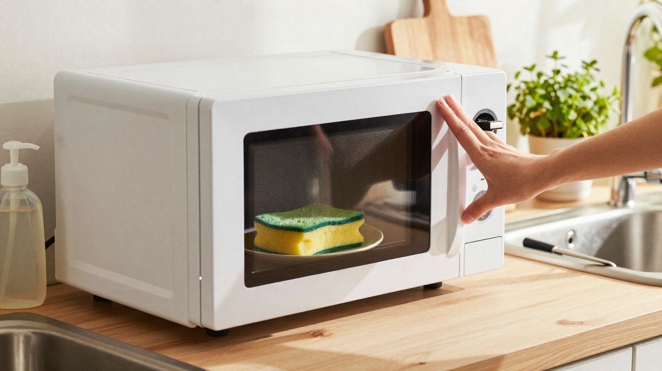Micro-ondas branco numa cozinha com uma esponja dentro e uma mão prestes a abrir a porta.