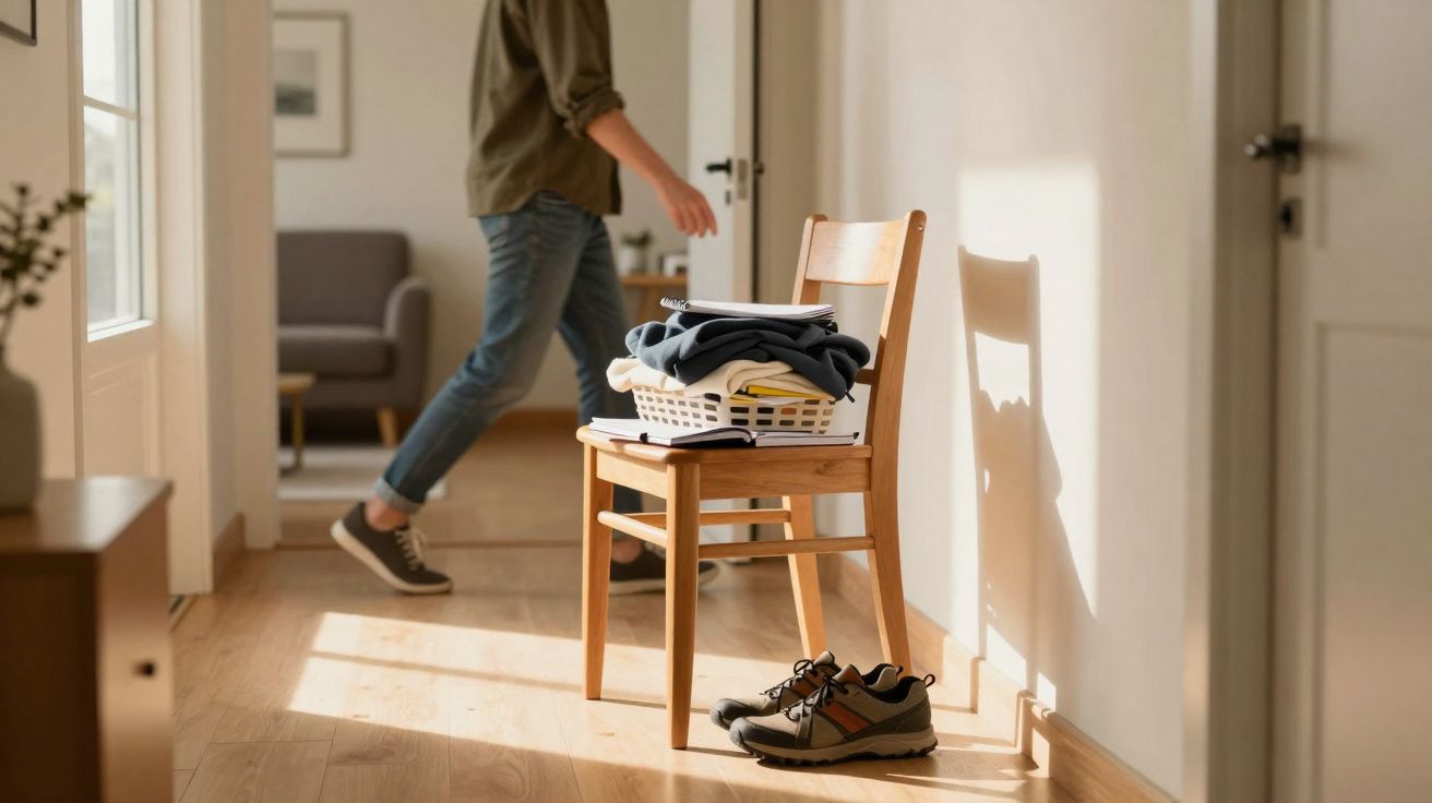 Cesto de roupa sobre cadeira de madeira com sapatos no chão, pessoa a abrir porta num corredor iluminado.