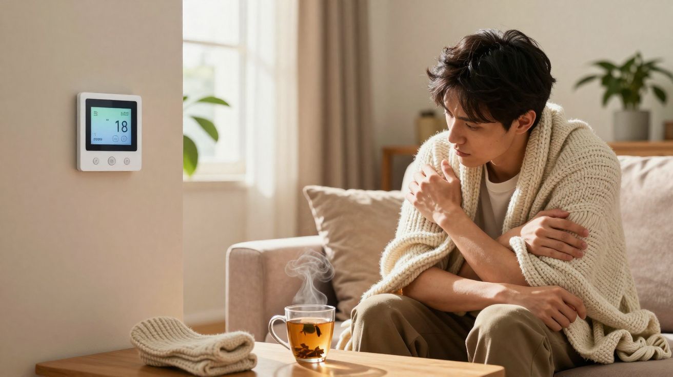 Homem sentado no sofá enrolado numa manta, junto a um termostato marcado com 18 graus e uma chávena de chá quente.