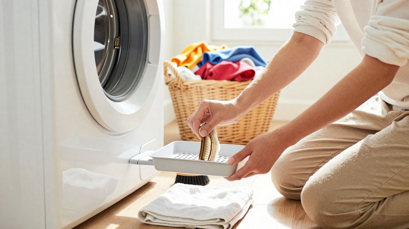 Pessoa a limpar o filtro da máquina de lavar roupa num ambiente luminoso com cesto de roupas ao fundo.