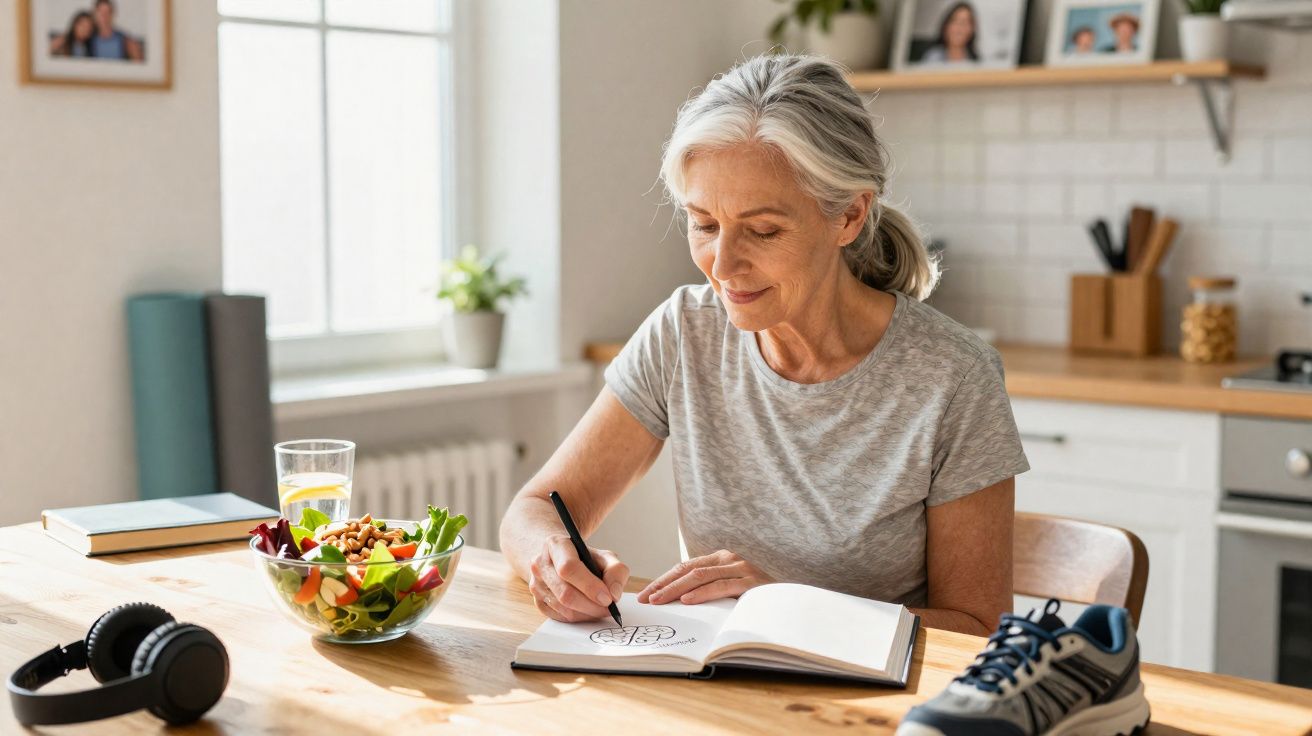 Mulher idosa desenha num caderno numa mesa com salada, água, headphones e ténis num ambiente de cozinha.