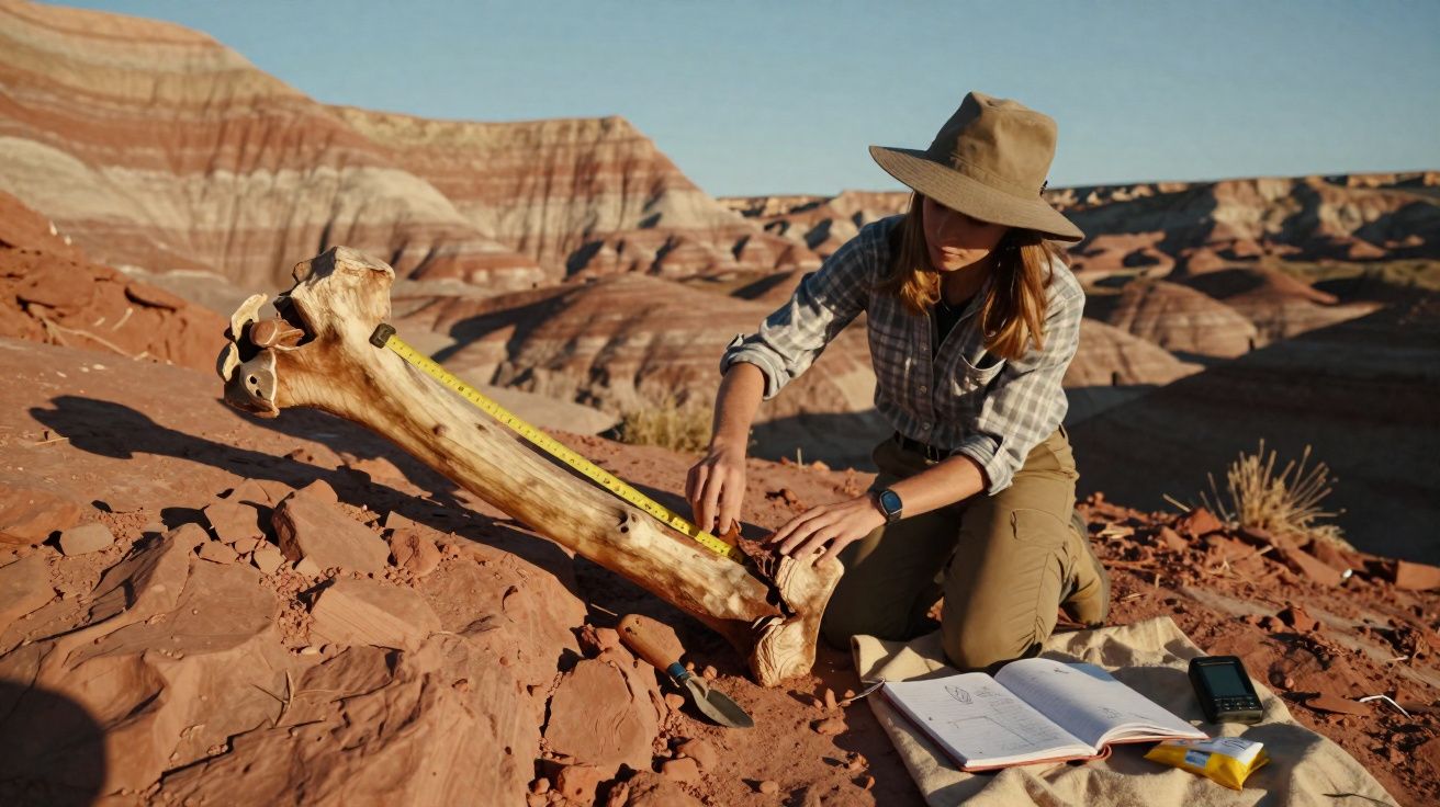 Mulher arqueóloga mede osso fóssil grande com fita métrica em terreno árido com colinas coloridas ao fundo.