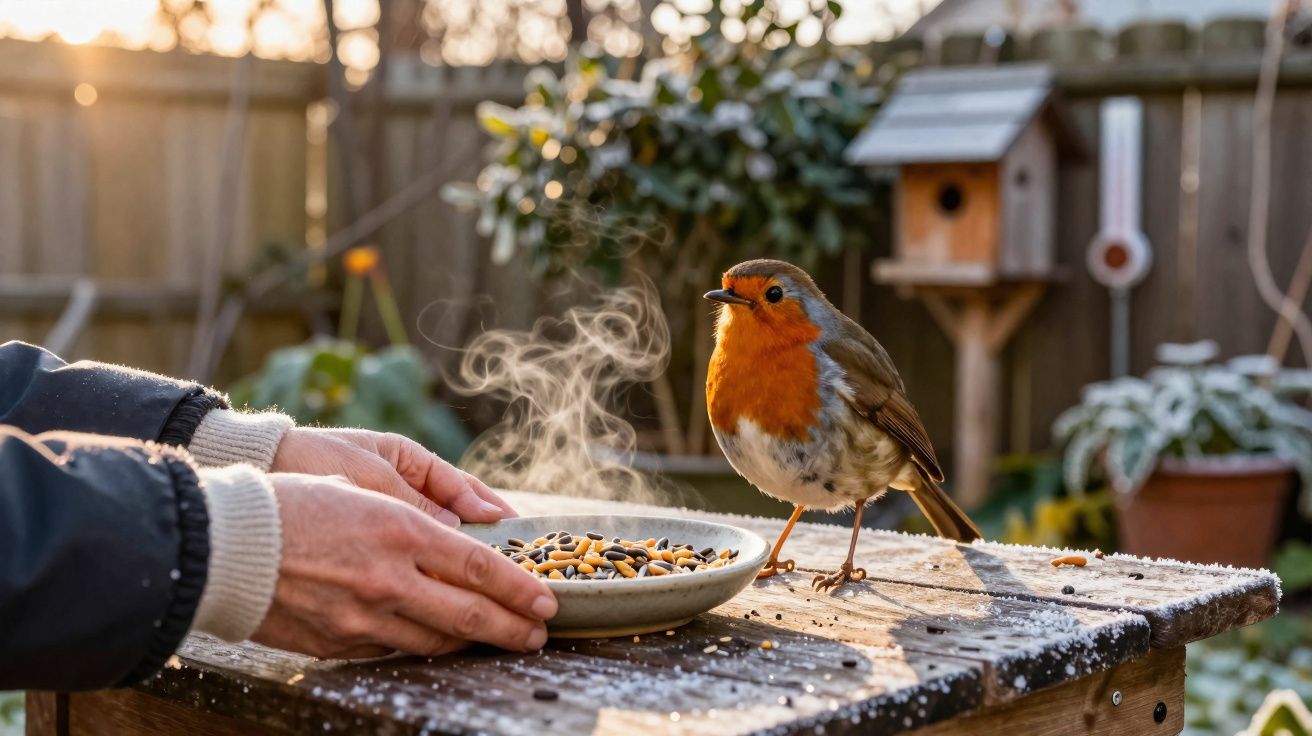 Hands placing a steaming plate of seeds for a robin on a frosty wooden table in a garden at sunrise.