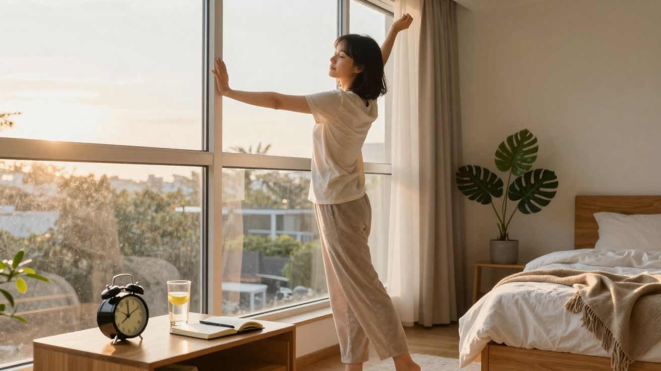 Mulher estica-se junto à janela num quarto luminoso com cama e mesa de cabeceira.