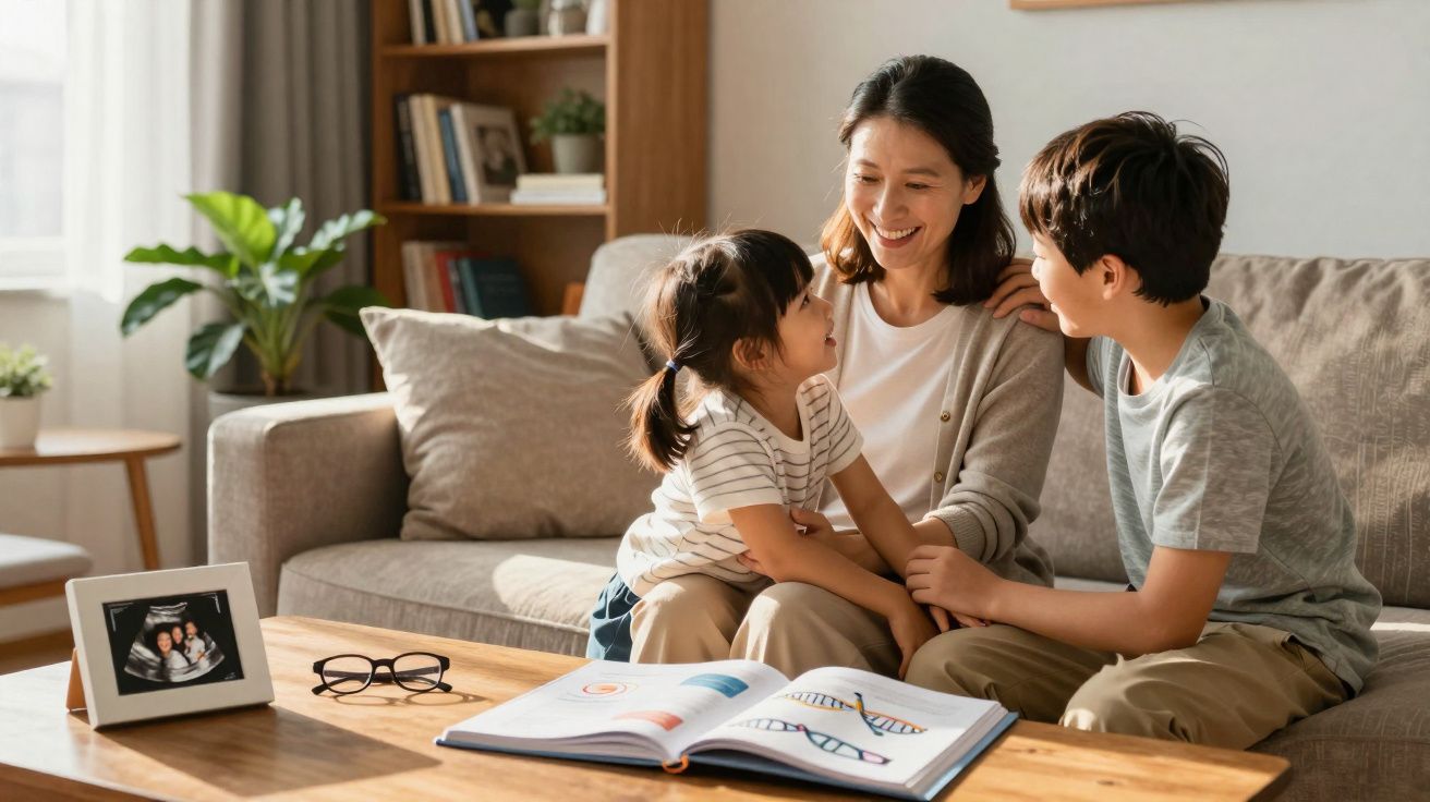 Mãe e dois filhos sentados no sofá a sorrir com um livro aberto sobre ADN à frente numa sala iluminada.
