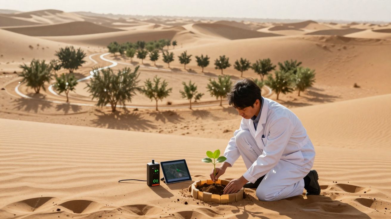 Homem de bata branca planta árvore no deserto perto de equipamento tecnológico e tablet.