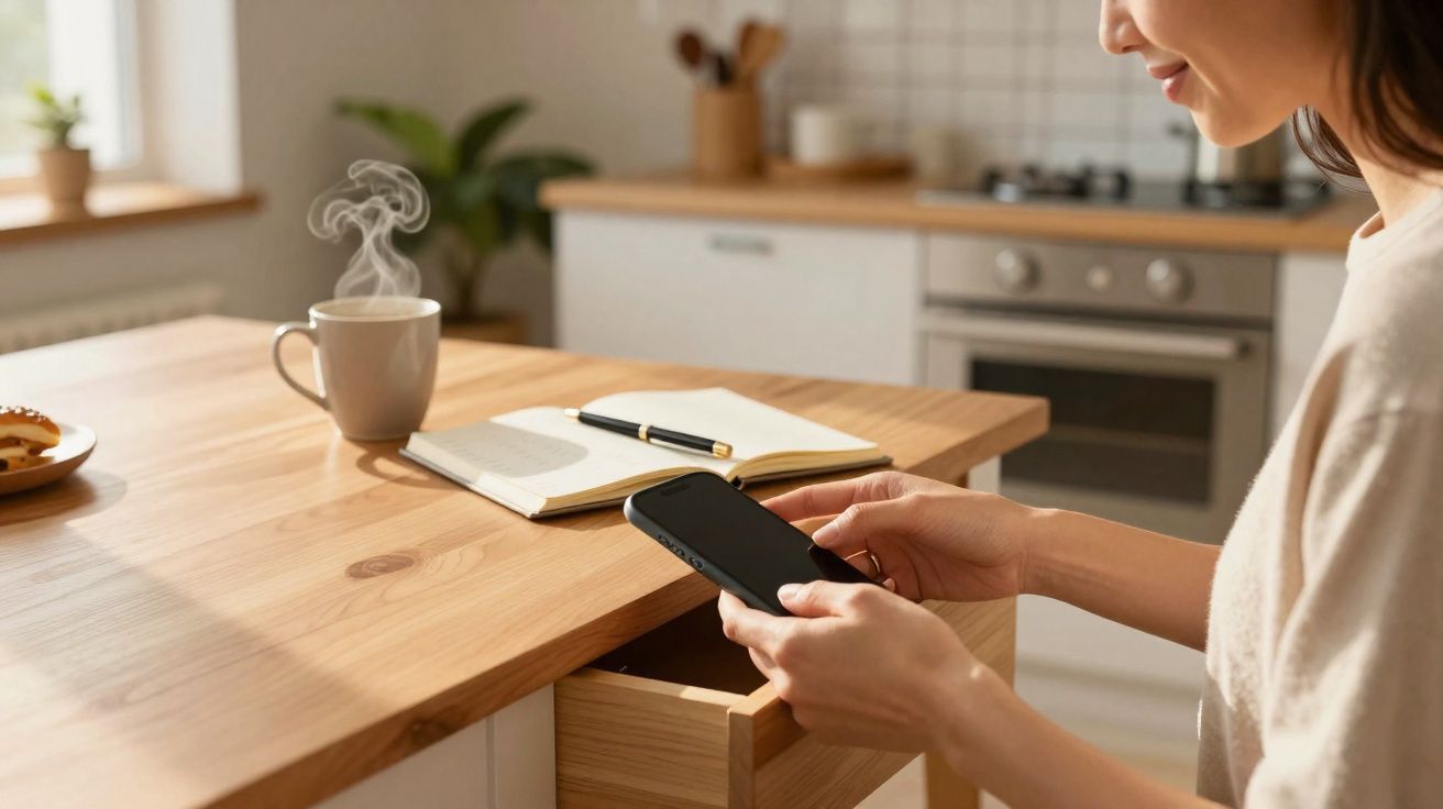 Pessoa a usar telemóvel numa cozinha, com chá quente, caderno e caneta sobre a bancada de madeira.