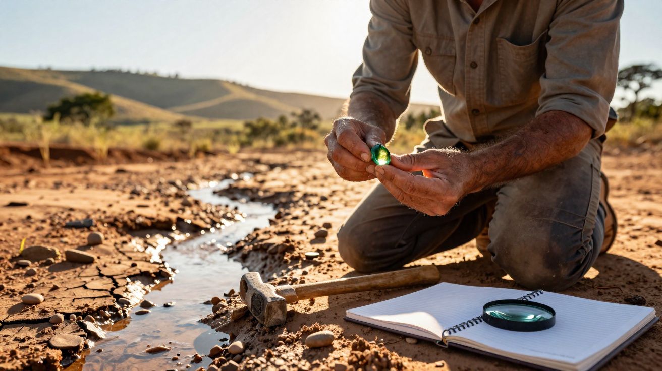 Homem a examinar uma pedra verde com lupa ao lado de martelo e caderno numa área árida e pedregosa.