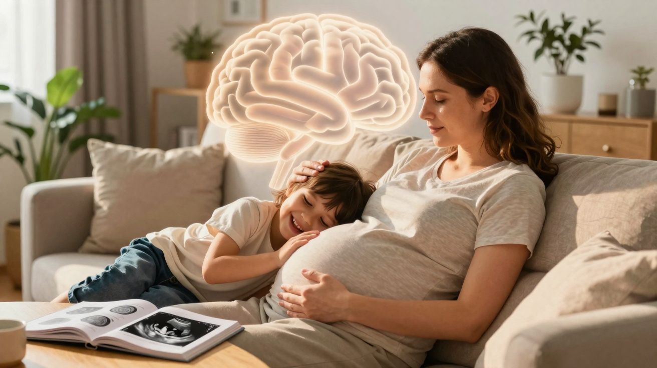 Mulher grávida sentada no sofá com criança ao lado e imagem digital de cérebro ao fundo.