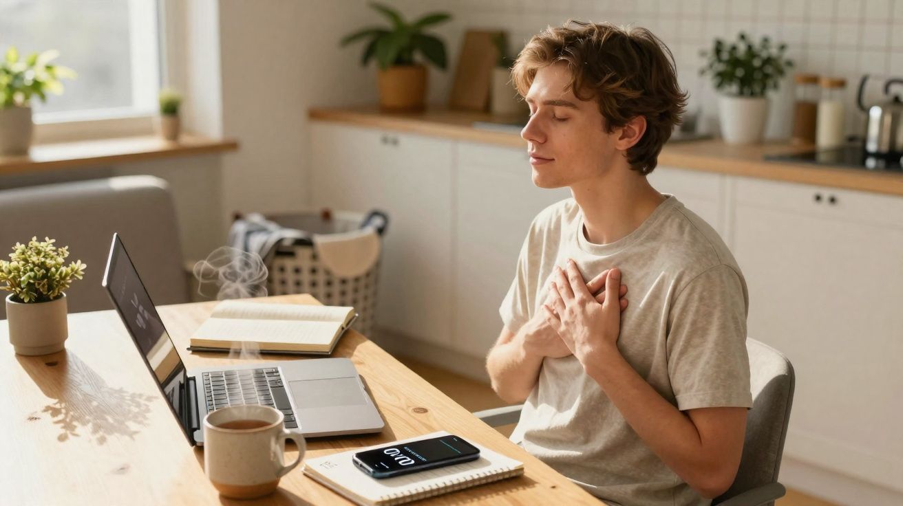 Jovem sentado à mesa com olhos fechados e mãos no peito, em ambiente acolhedor com laptop e café.