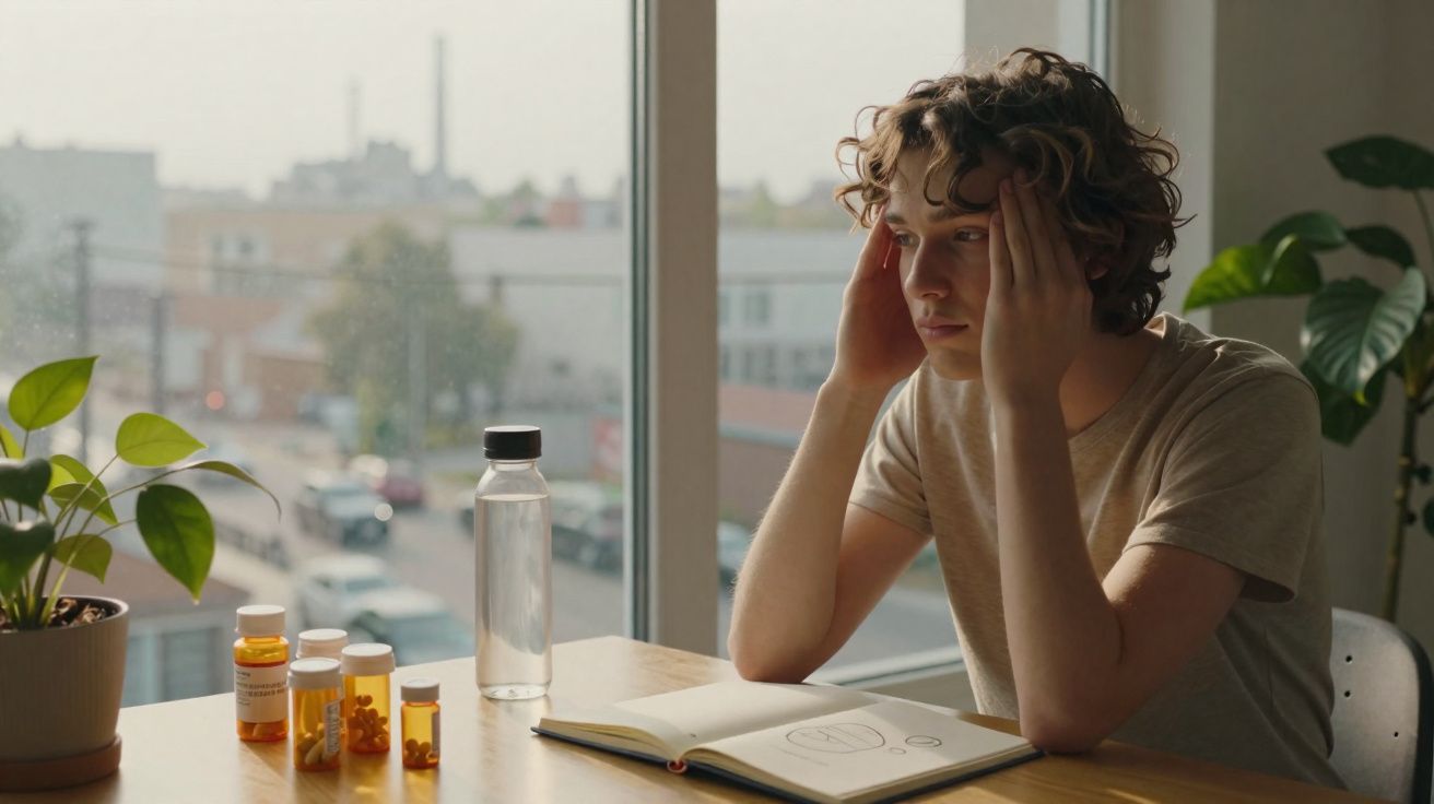 Jovem sentado numa mesa com várias doses de medicação e um livro aberto, a apoiar a cabeça com as mãos.