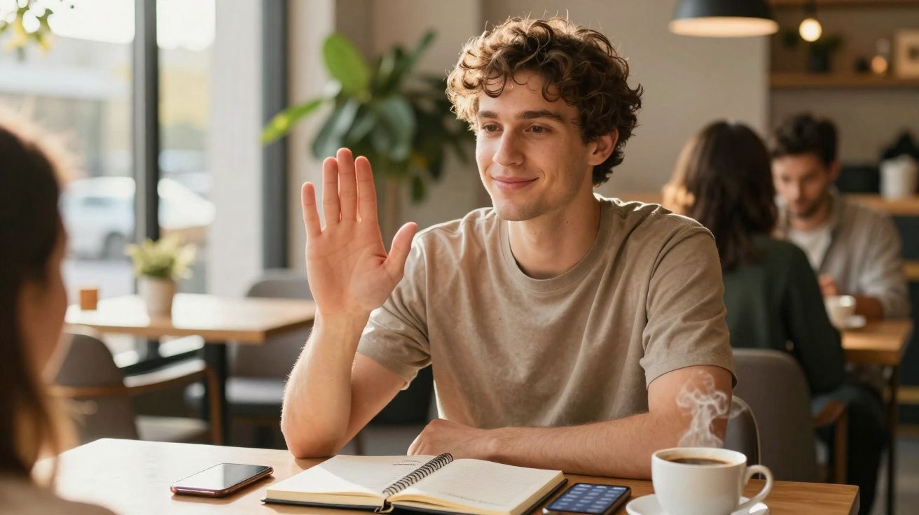 Jovem sentado numa mesa de café a sorrir e cumprimentar com a mão levantada, com caderno e café à frente.